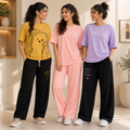 Candy Cloud women's pack of 3 T-shirt and trouser sets in Mustard-Black, Peach & Lilac-Black