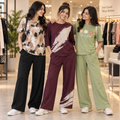 Bloom & Brush women's pack of 3 T-shirt and trouser sets in Floral-Black, Burgundy & Sage