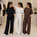 Monochrome Moments women's pack of 3 T-shirt and trouser sets in Black, White & Chocolate
