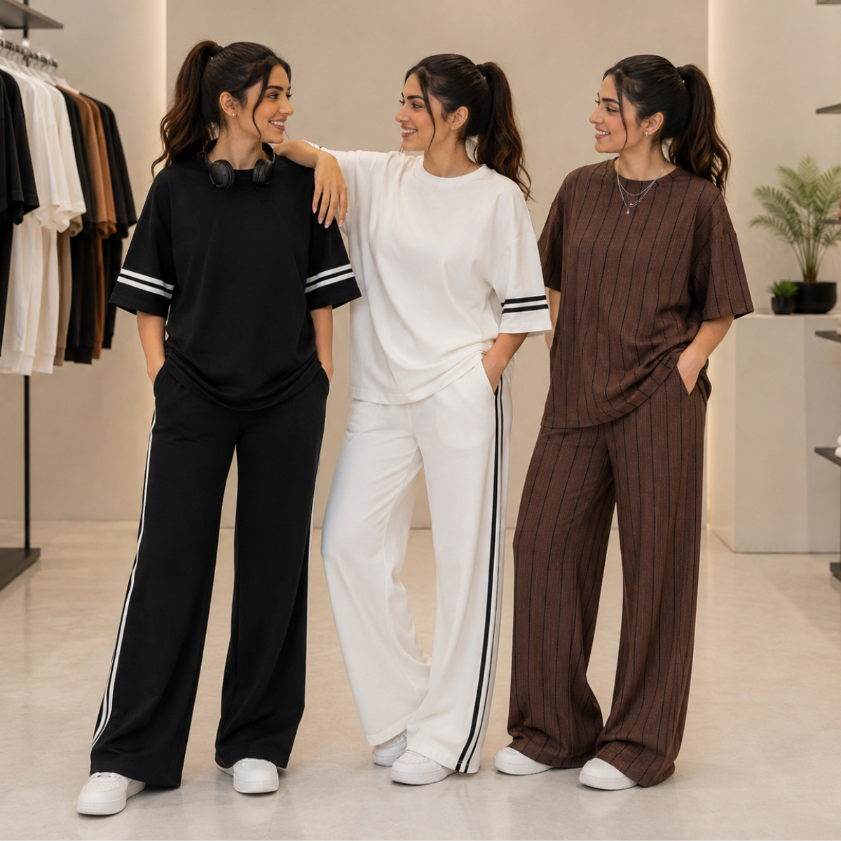 Monochrome Moments women's pack of 3 T-shirt and trouser sets in Black, White & Chocolate