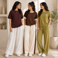 Earthy Everyday women's pack of 3 T-shirt and trouser sets in Burgundy-White, Brown-Cream & Olive
