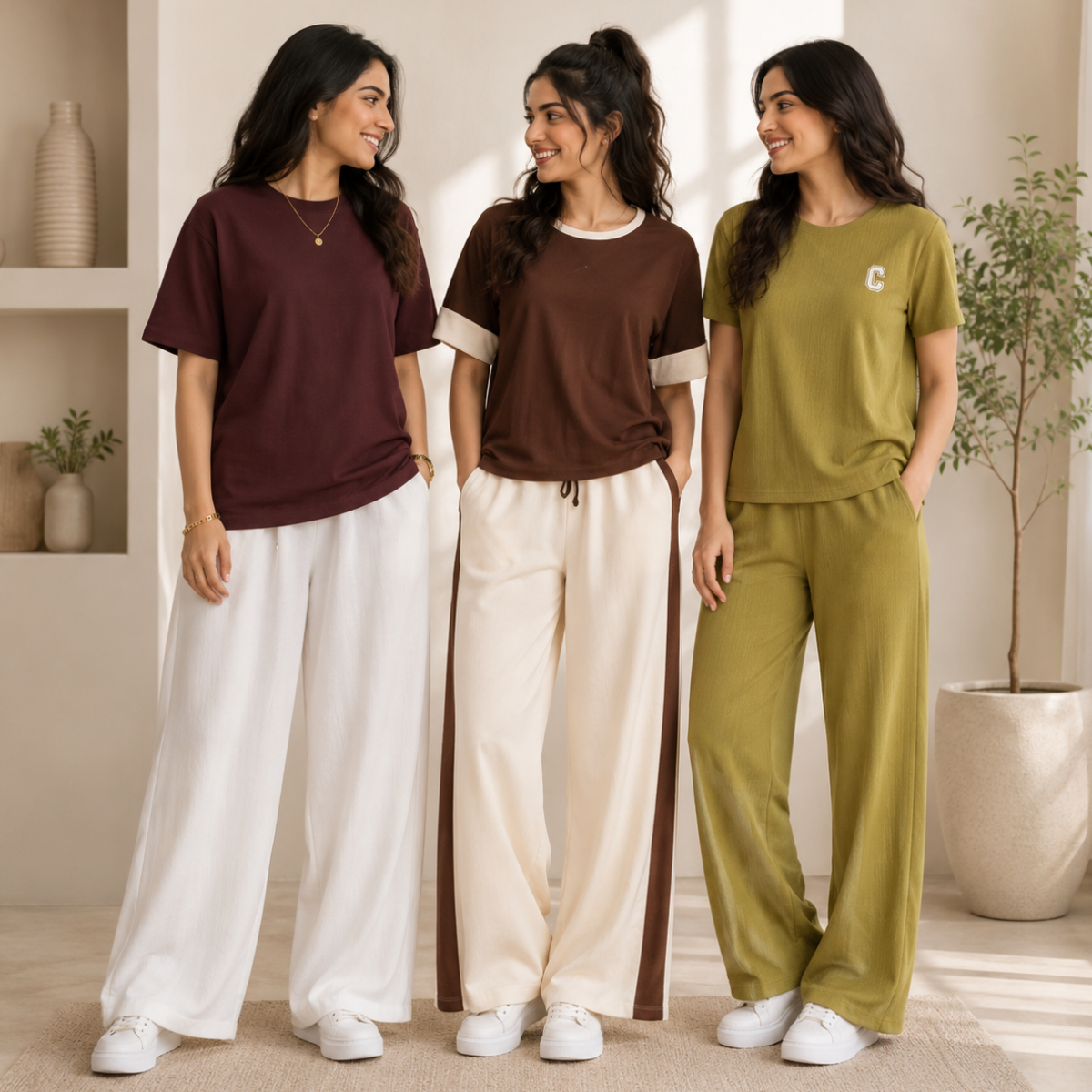 Earthy Everyday women's pack of 3 T-shirt and trouser sets in Burgundy-White, Brown-Cream & Olive