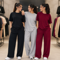 Essential Trio women's pack of 3 T-shirt and trouser sets in Black, Grey & Burgundy