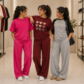 Heart & Harmony women's pack of 3 T-shirt and trouser sets in Pink, Burgundy & Grey