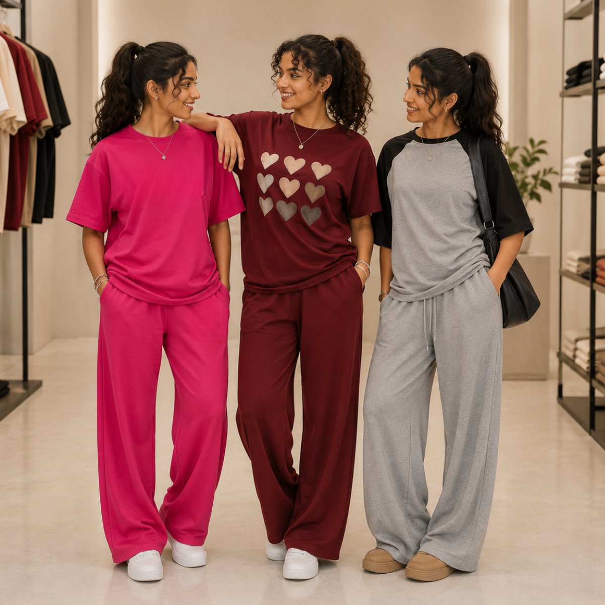Heart & Harmony women's pack of 3 T-shirt and trouser sets in Pink, Burgundy & Grey