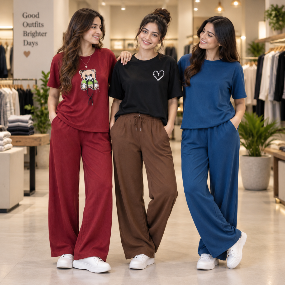 City Chill women's pack of 3 T-shirt and trouser sets in Burgundy, Brown & Blue