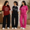 Weekend Mood women's pack of 3 T-shirt and trouser sets in Burgundy, Black & Pink