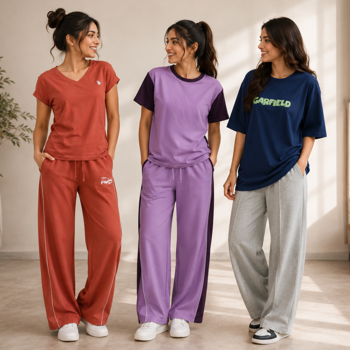 Pastel Play women's pack of 3 T-shirt and trouser sets in Rust, Lilac & Navy-Grey