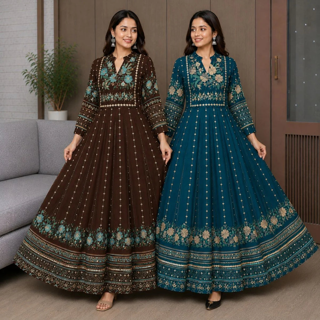 Anarkali Maxi Dress – Brown & Teal
