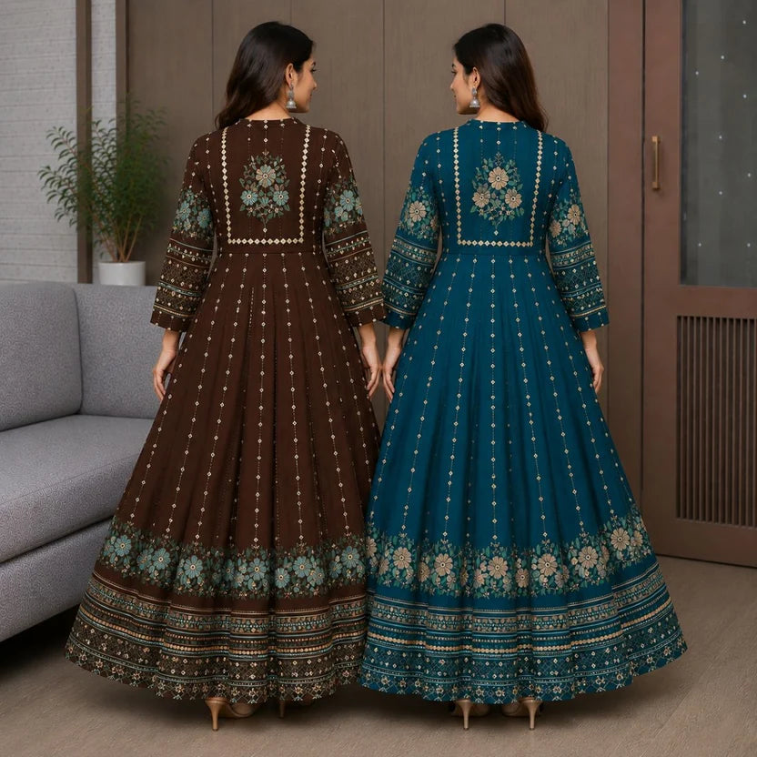 Anarkali Maxi Dress – Brown & Teal