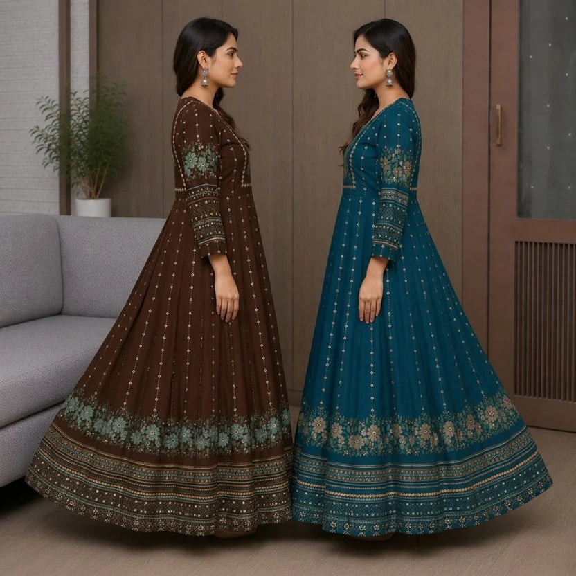 Anarkali Maxi Dress – Brown & Teal