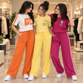 Sunshine Pop women's pack of 3 T-shirt and trouser sets in Orange, Yellow & Magenta