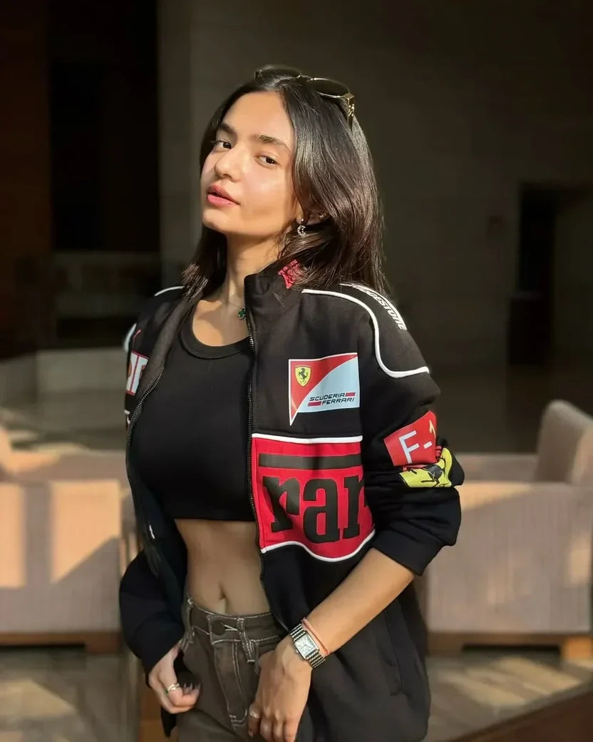 Black Ferrari F1 Vintage Racer Jacket | Classic Racing Style