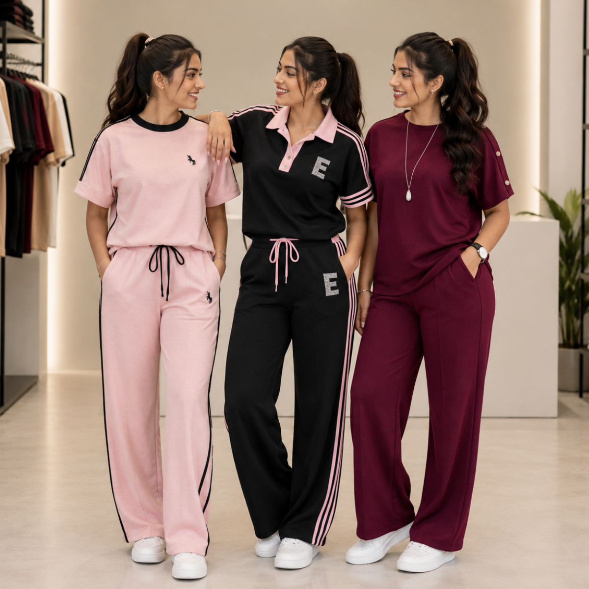Varsity Rose women's pack of 3 T-shirt and trouser sets in Pink, Black & Burgundy