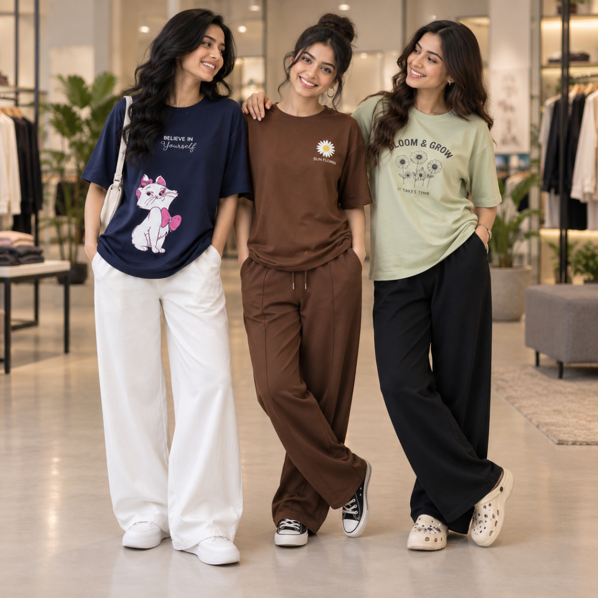 Daisy Drift women's pack of 3 T-shirt and trouser sets in Navy-White, Brown & Sage-Black