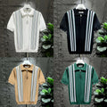Mens Polo Shirt Ice Silk Retro Striped Short Sleeve