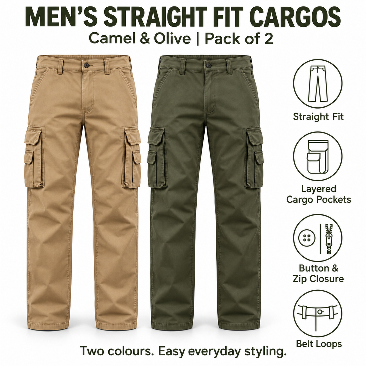 Men’s Camel & Olive Cargo – Pack of 2