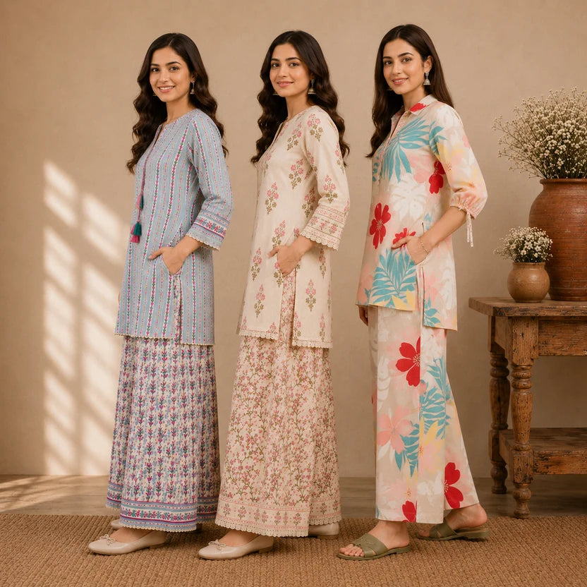 3 Cotton Co-ord Sets | Top + Bottom | 3CS_78