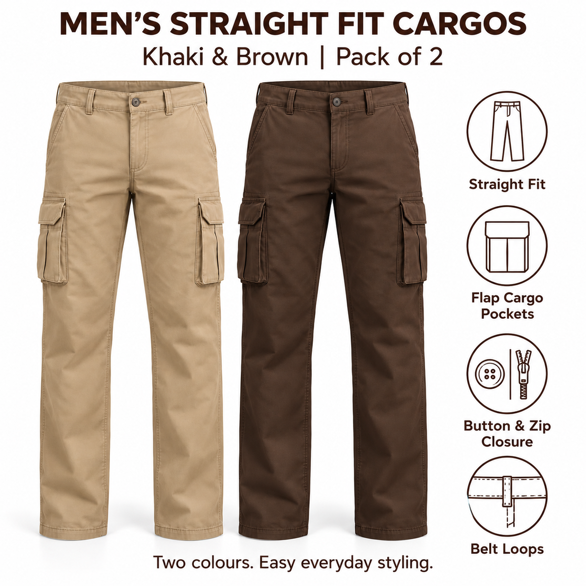 Men’s Khaki & Brown Cargo – Pack of 2