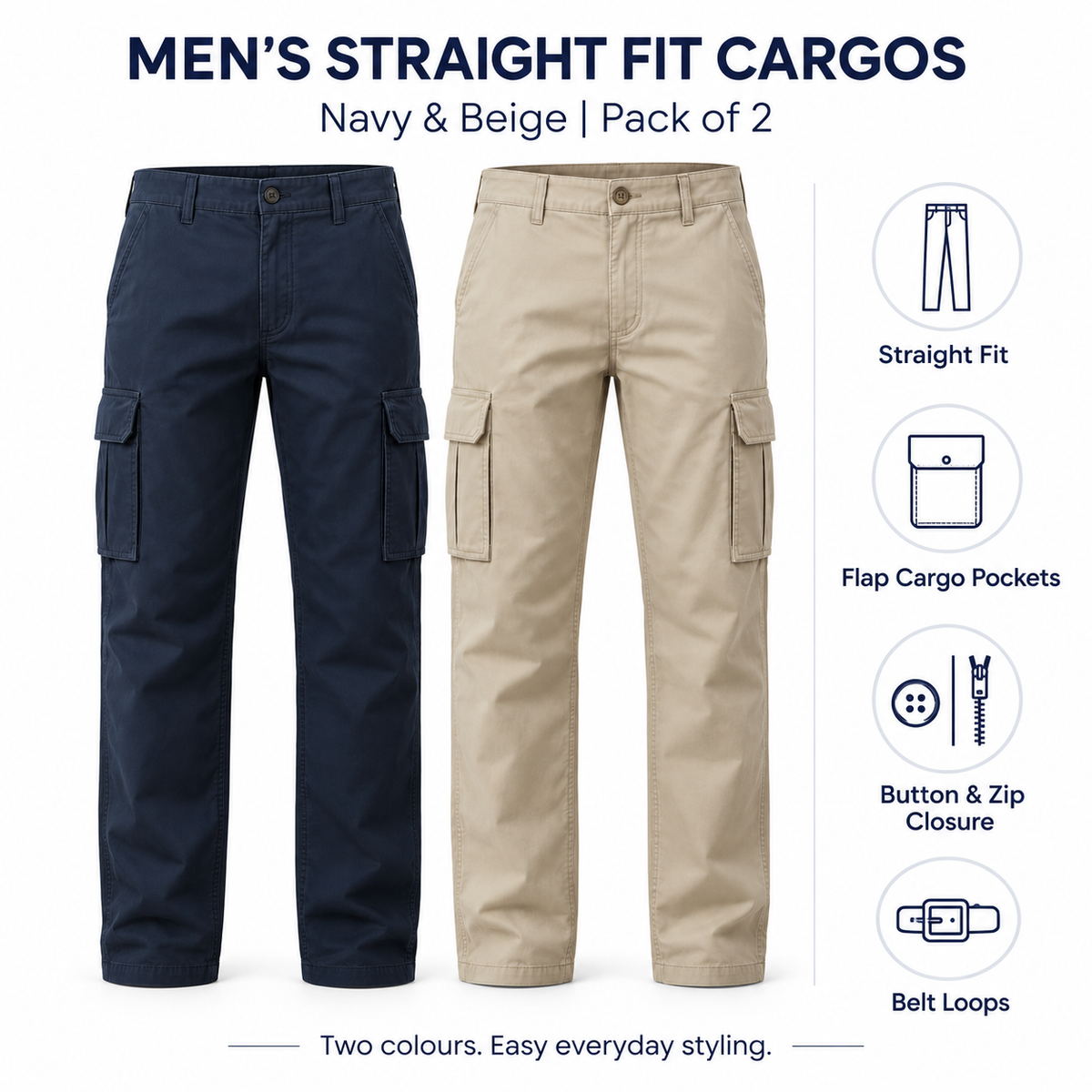 Men’s Navy & Beige Cargo – Pack of 2