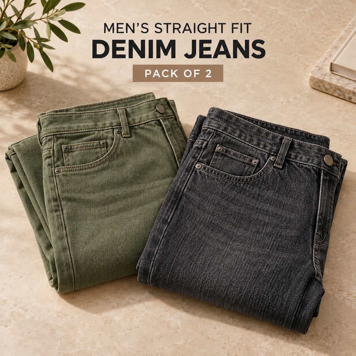 Men's Jeans Pack of 2 – Olive Green & Washed Black