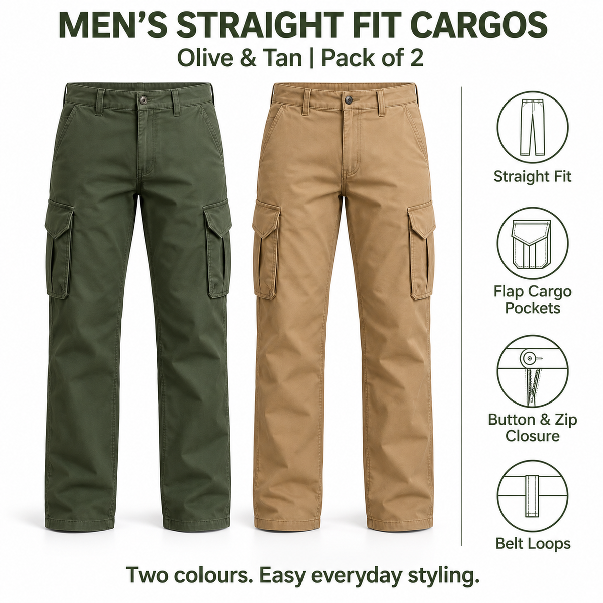 Men’s Olive & Tan Cargo – Pack of 2
