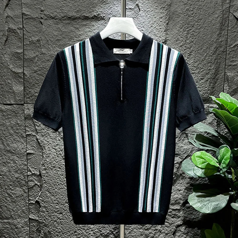 Mens Polo Shirt Ice Silk Retro Striped Short Sleeve