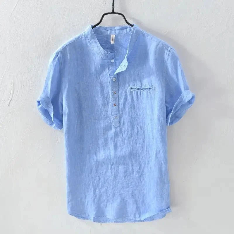 New Linen T-shirt for Men Short-sleeved Loose Stand-up Collar Cotton (Pack of 2)